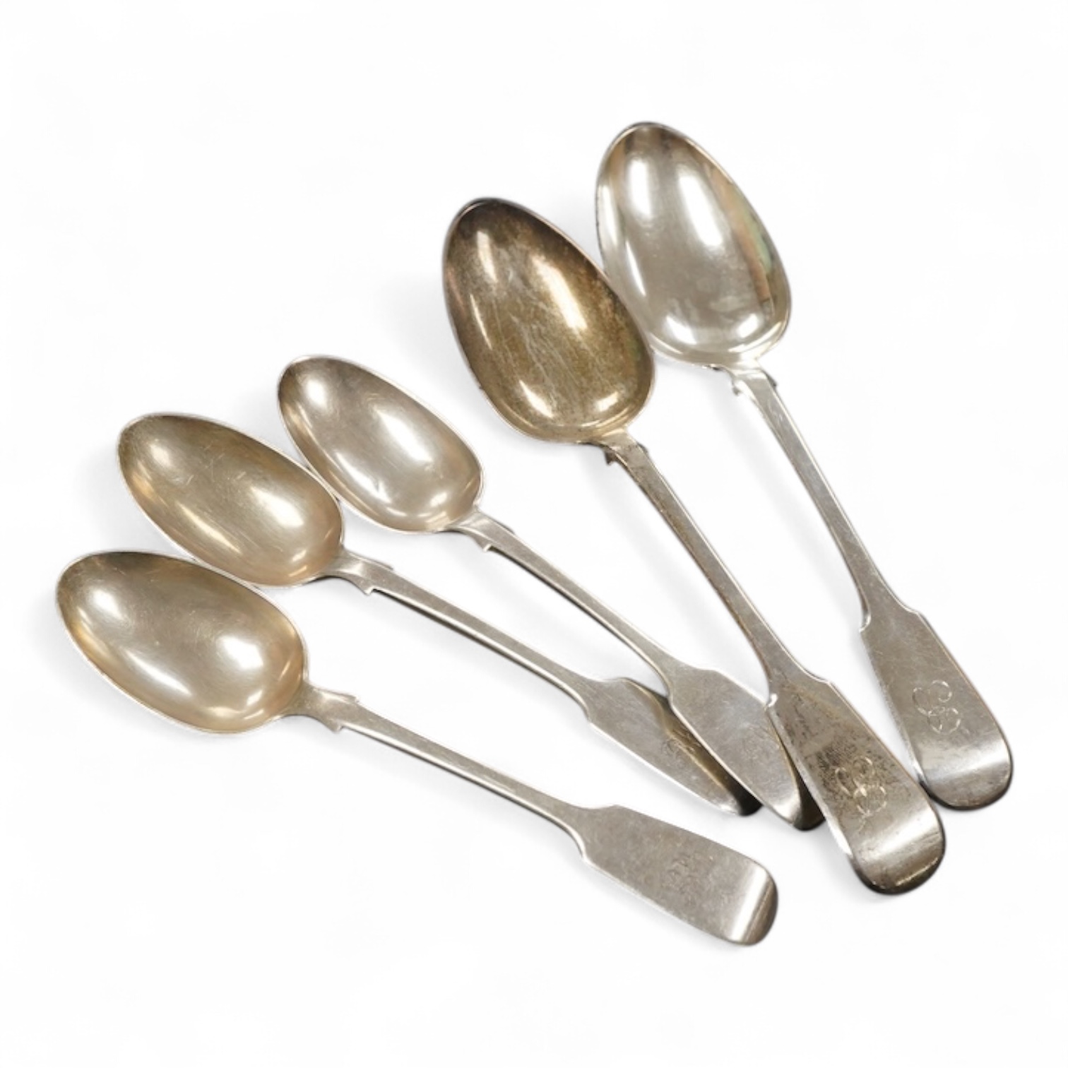 A pair of William IV silver fiddle pattern tablespoons and three Victorian fiddle pattern dessert spoons first length 22.5cm., weight approx. 9.21ozt